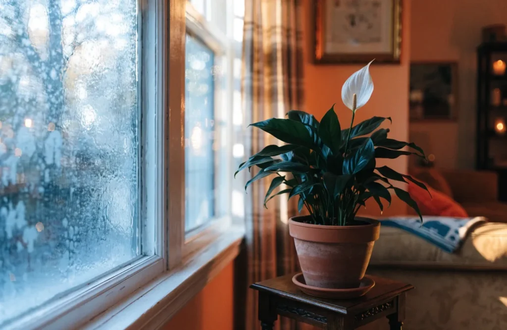 Peace lily kept away from a cold drafty window to maintain stable temperature