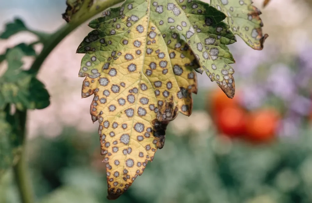 Septoria leaf spot symptoms on a tomato plant's lower leaves