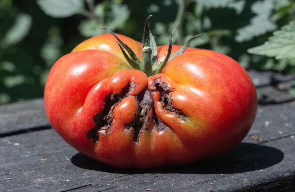Catfacing deformity and scarring on a tomato fruit