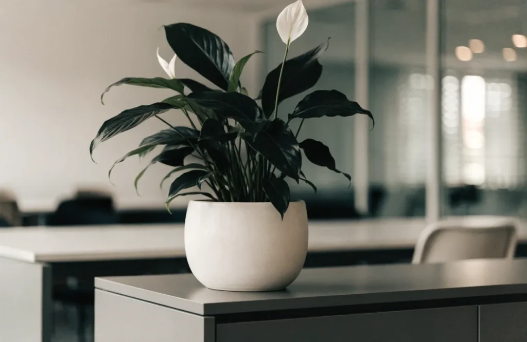 10 Best Low-Light Office Plants That Thrive in Dim Workspaces 10 Peace lily with white blooms on a meeting room credenza