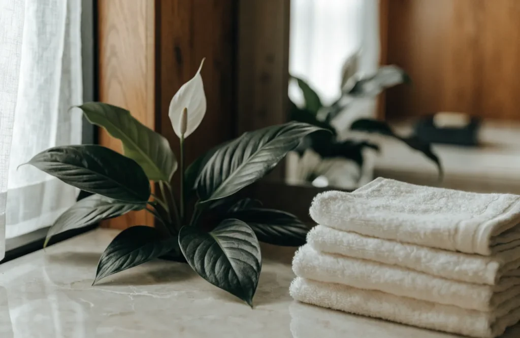 Low Light Bathroom Plants: 12 Best Picks + Complete Care Guide 8 Peace lily with white bloom on a bathroom counter beside folded towels.