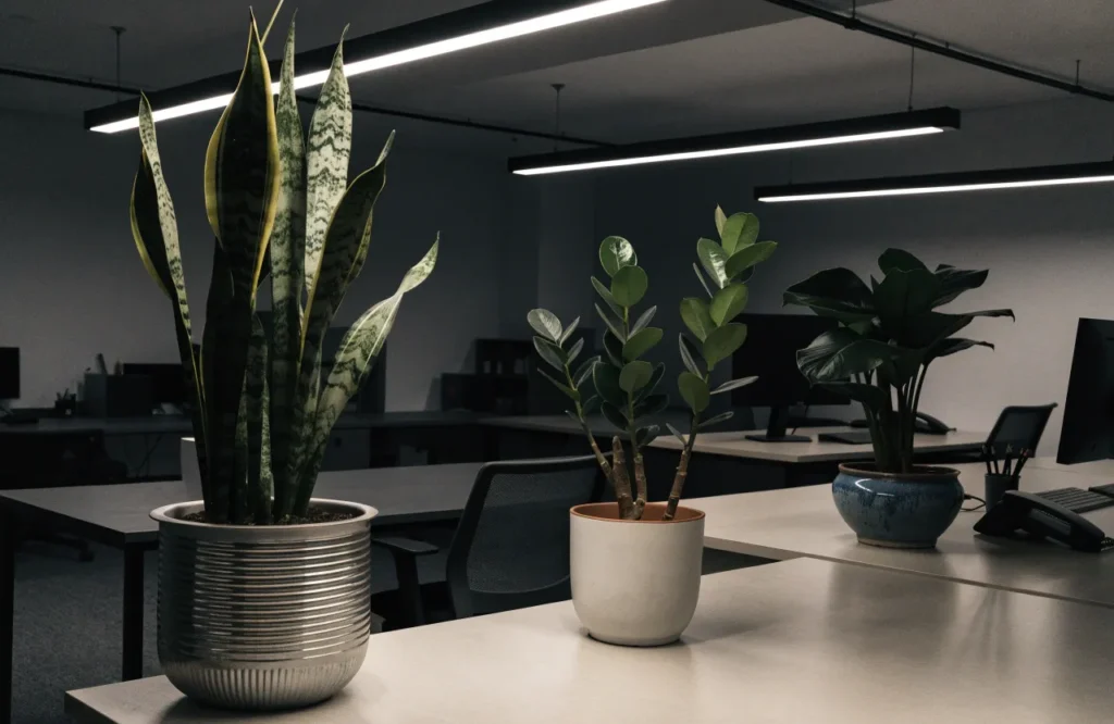 10 Best Low-Light Office Plants That Thrive in Dim Workspaces 13 Low-light plants thriving in a windowless office under artificial LED lighting