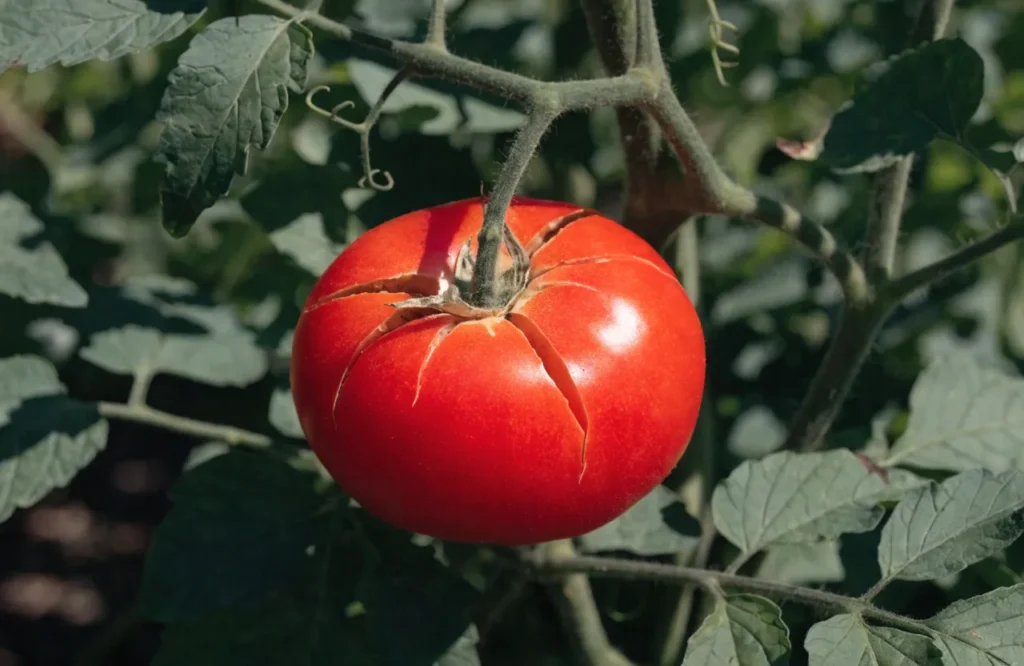 radial cracks spreading from the stem of a tomato