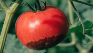 Blossom end rot on a ripe tomato still on the vine
