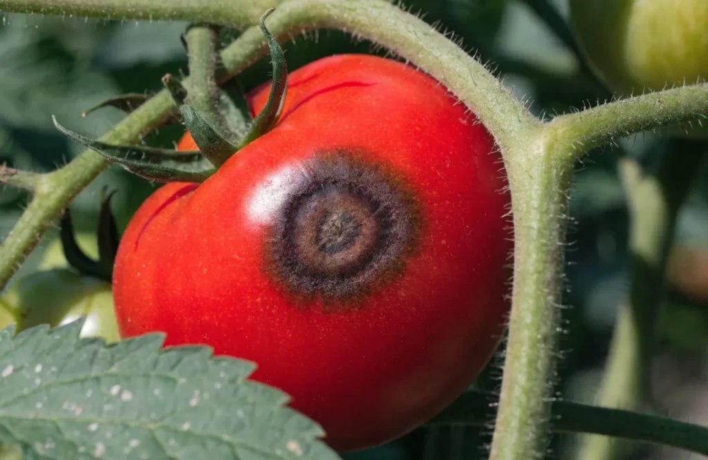 Anthracnose fruit rot with sunken rings on a ripe tomato