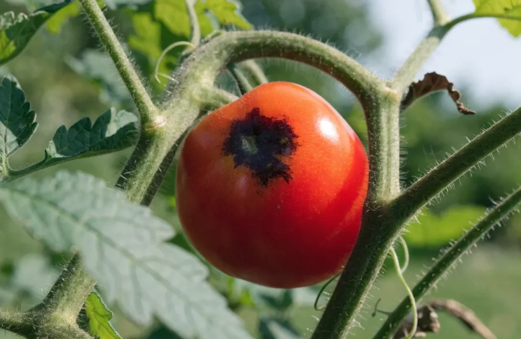 Blossom end rot patch on the bottom of a ripe tomato