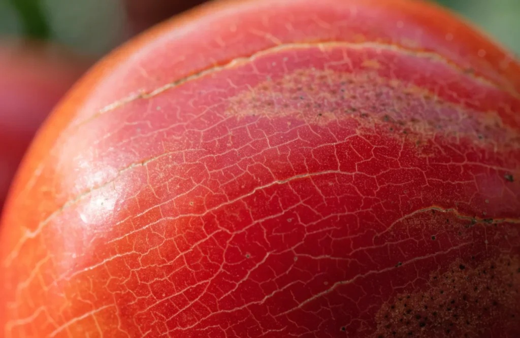 fine cuticle cracks and russeting on tomato skin