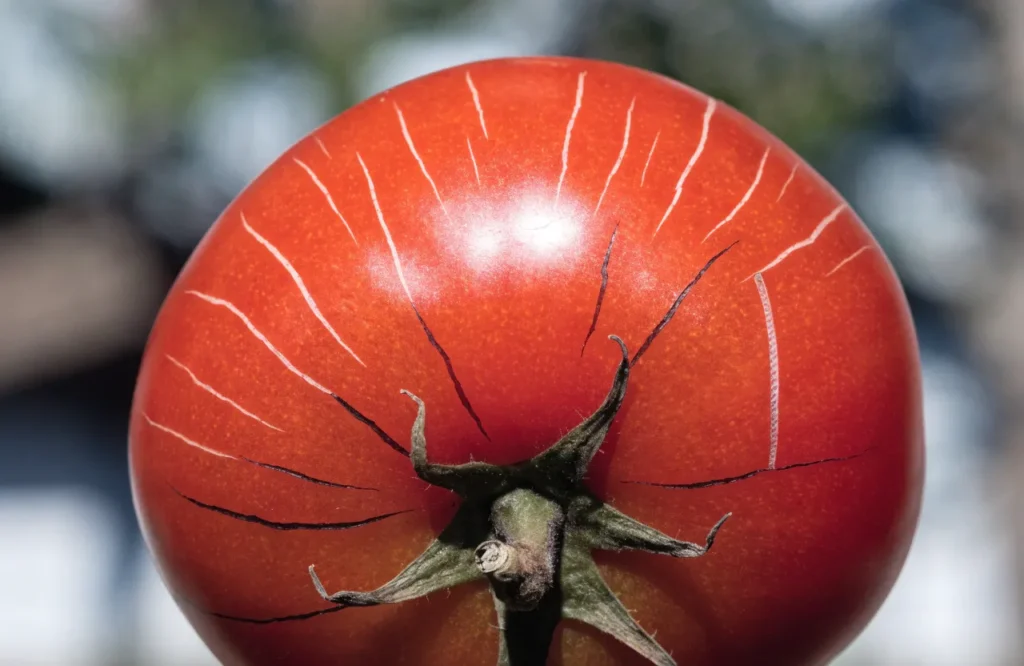 Radial cracking and zippering scars on a ripe tomato