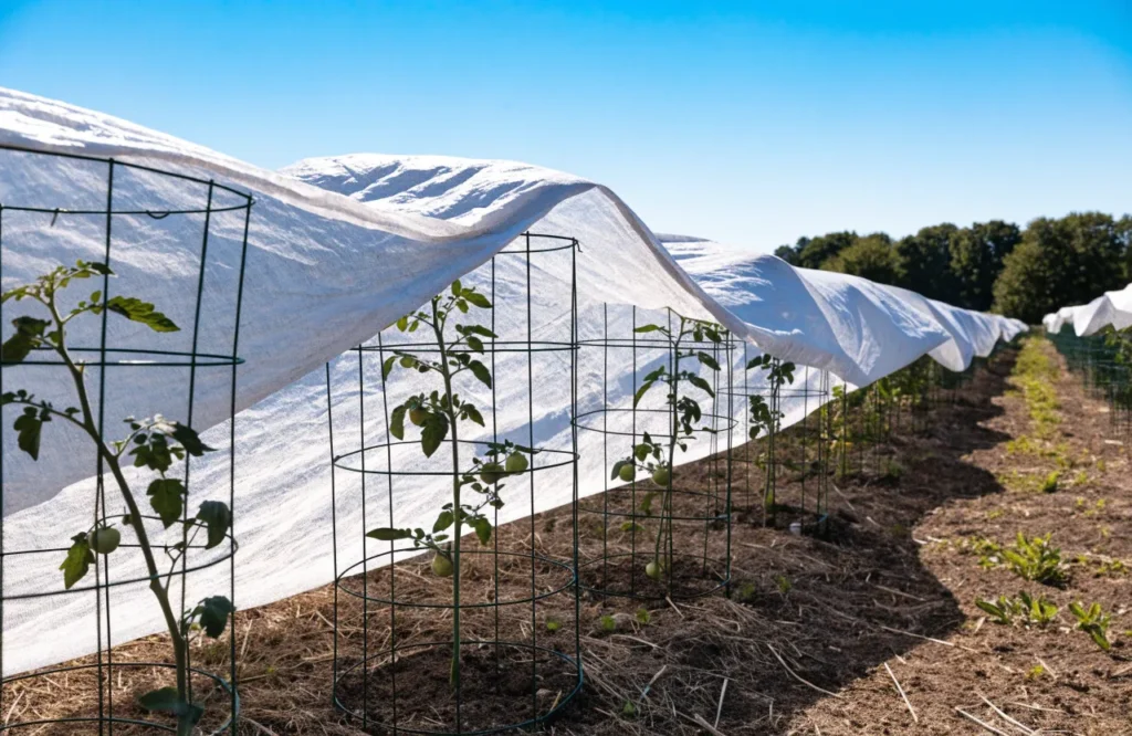 Tomato Sunscald: Symptoms, Causes, Treatment & Prevention Guide 8 Lightweight shade cloth draped over tomato plants during peak afternoon heat