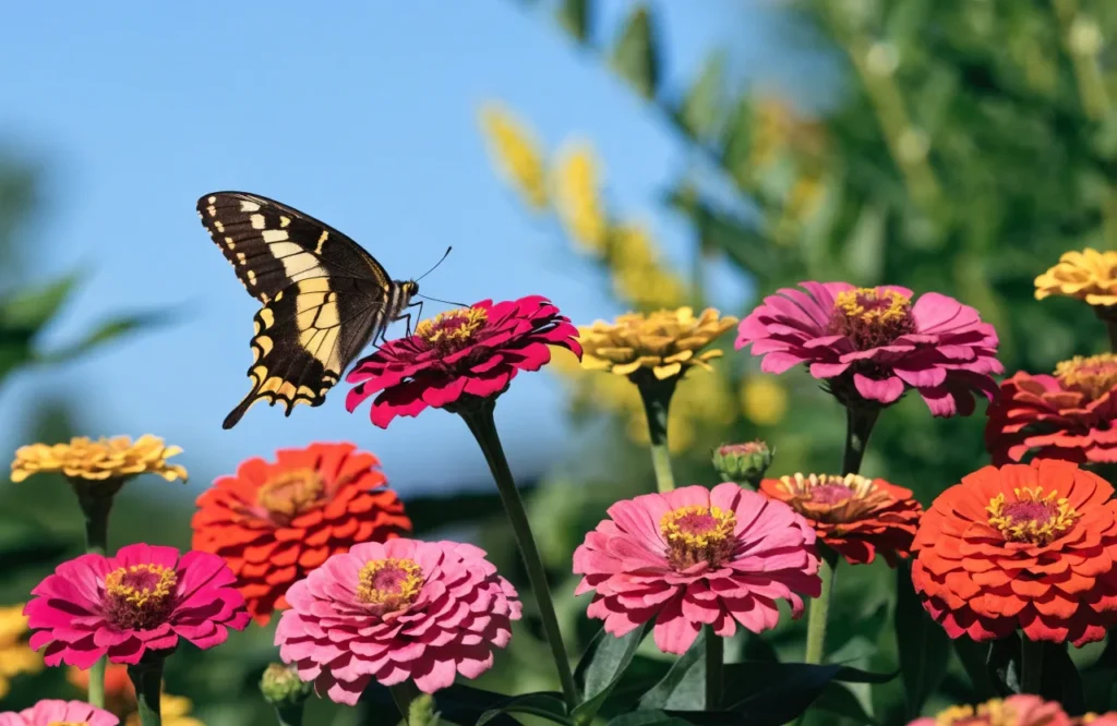 Swallowtail butterfly feeding on colorful zinnias, a long-blooming fall pollinator flower