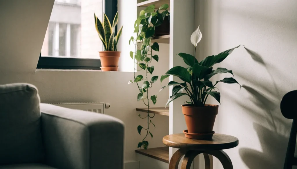 Collection of low light plants including snake plant and pothos, showing how to care for low light plants in a dim apartment corner
