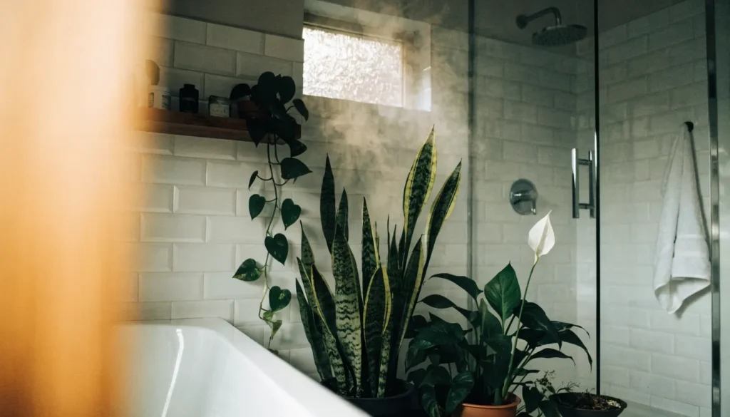 Low Light Bathroom Plants: 12 Best Picks + Complete Care Guide 1 Low light bathroom plants — snake plant, pothos, and peace lily arranged on a wooden shelf near a walk-in shower.
