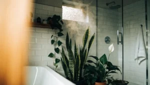 Low Light Bathroom Plants: 12 Best Picks + Complete Care Guide 6 Low light bathroom plants — snake plant, pothos, and peace lily arranged on a wooden shelf near a walk-in shower.