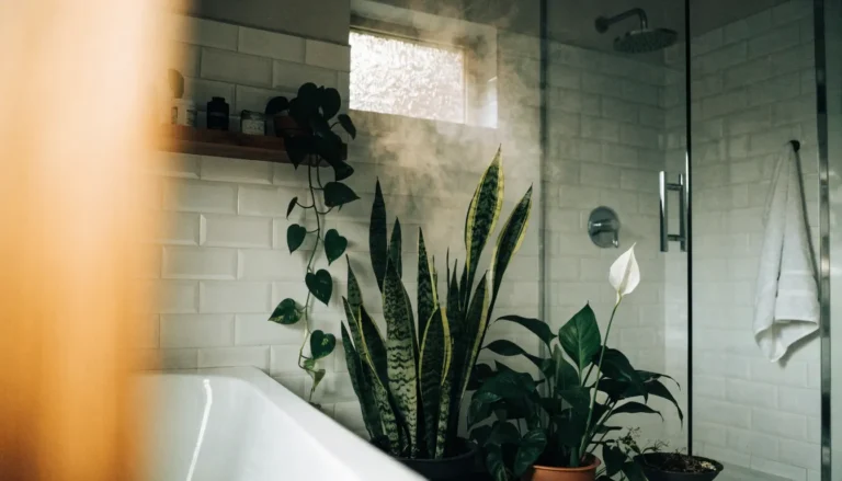 Low Light Bathroom Plants: 12 Best Picks + Complete Care Guide 22 Low light bathroom plants — snake plant, pothos, and peace lily arranged on a wooden shelf near a walk-in shower.