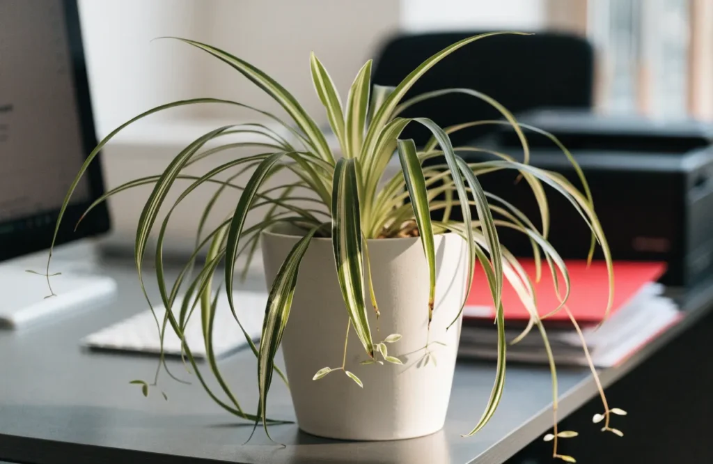 10 Best Low-Light Office Plants That Thrive in Dim Workspaces 11 Spider plant with plantlets on a shared office desk