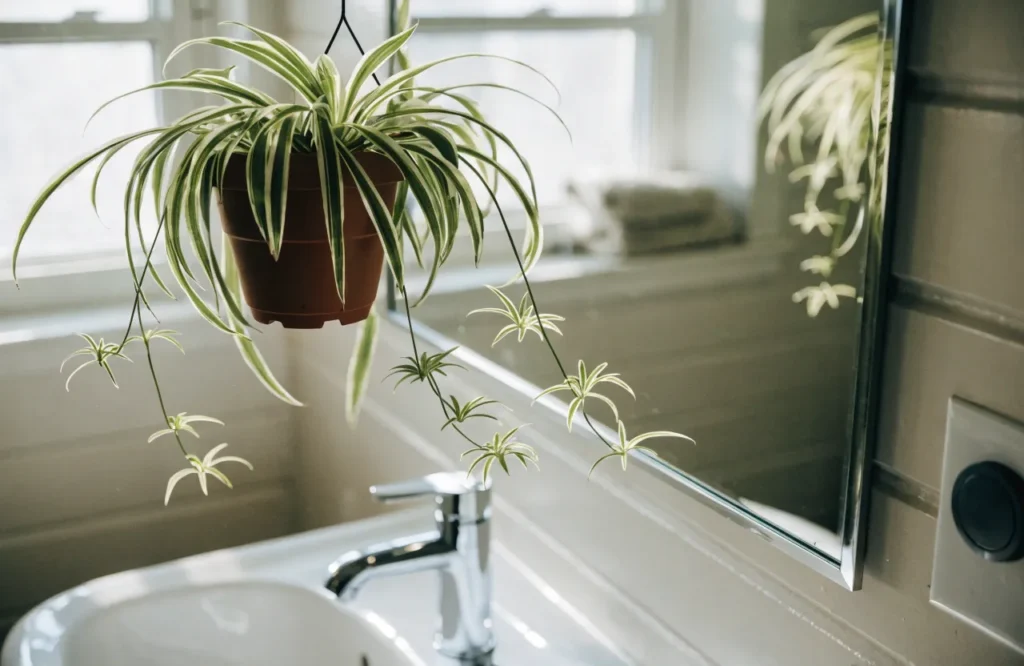 Low Light Bathroom Plants: 12 Best Picks + Complete Care Guide 11 Spider plant with trailing plantlets hanging above a bathroom sink.