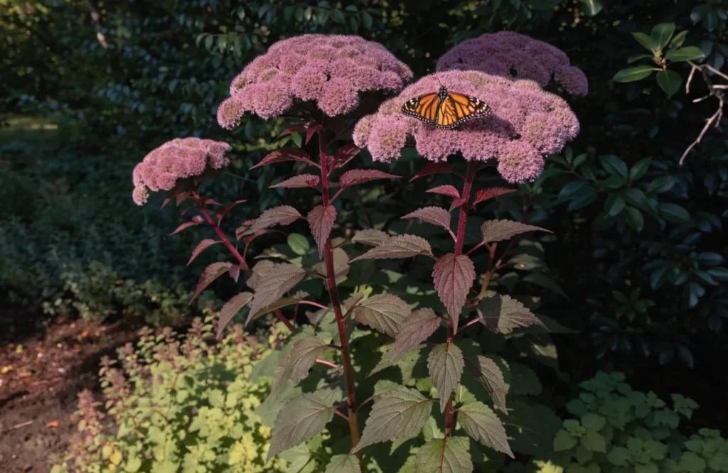 Monarch butterfly feeding on mauve-pink Joe Pye weed flower clusters in fall