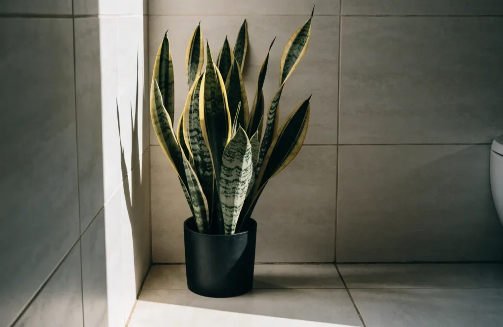 Low Light Bathroom Plants: 12 Best Picks + Complete Care Guide 6 Snake plant with tall variegated leaves in a tiled bathroom corner.