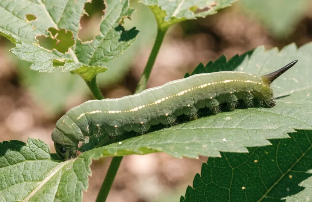 Tomato hornworm feeding on tomato plant foliage