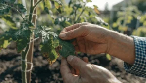 Tomato Plant diseases: Gardener checking tomato plant leaves for signs of disease