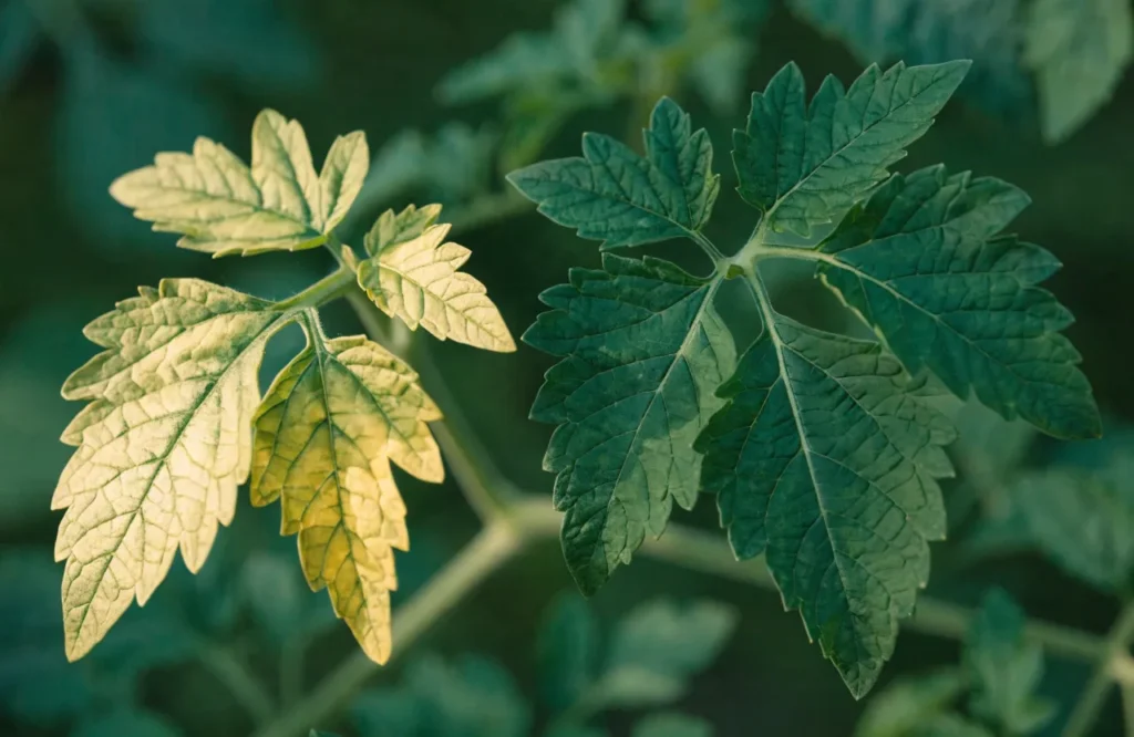 Yellowing tomato leaf compared to a healthy green tomato leaf