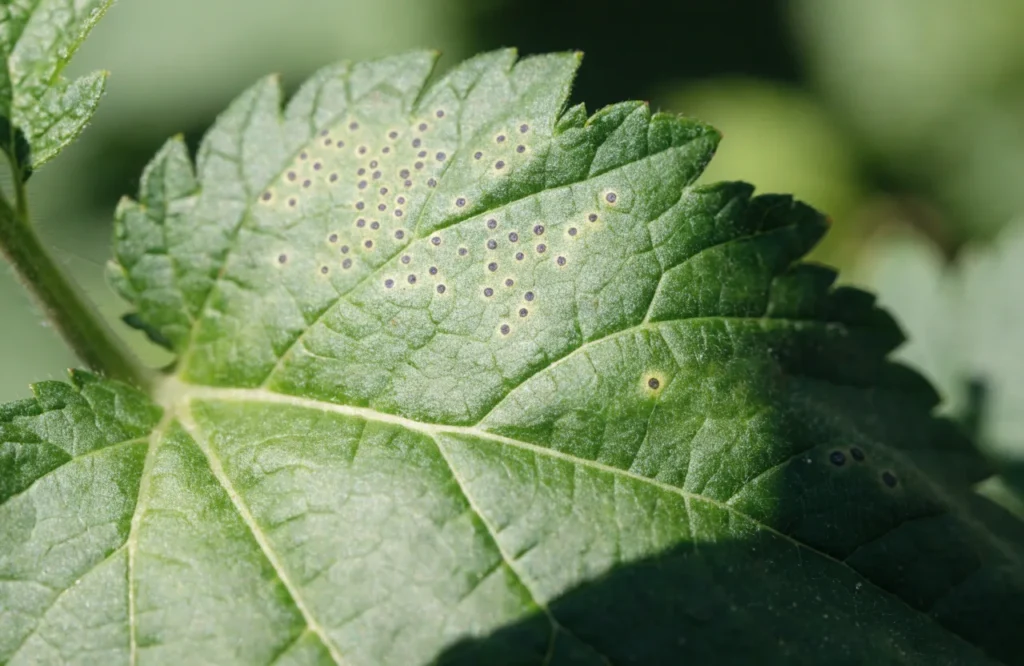 Bacterial speck symptoms with yellow halos on a tomato leaf