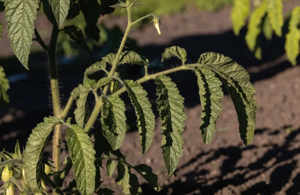 Tomato plant leaves curling and wilting under intense afternoon heat