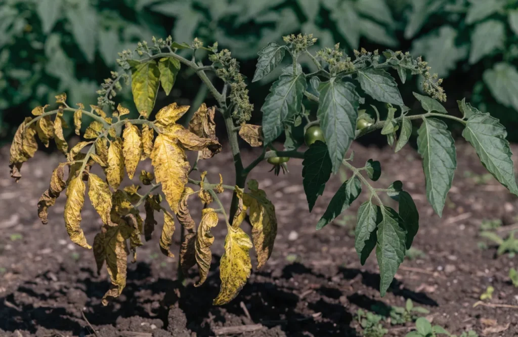 Fusarium wilt causing one-sided yellowing on a tomato plant