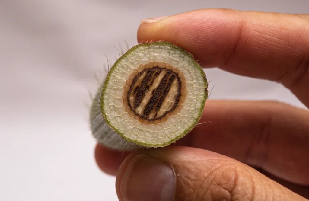 Cross-section of a tomato stem showing dark streaks from fungal wilt