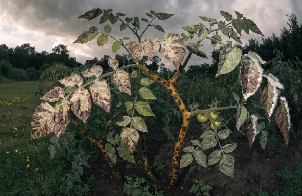 Late blight blotches and white mold on a tomato plant
