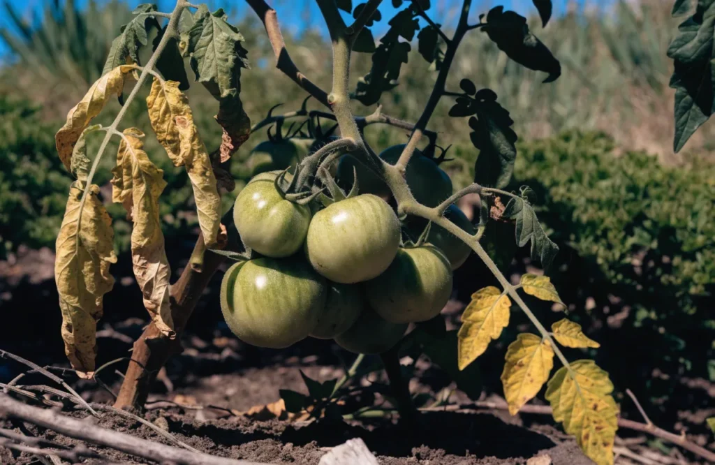 Tomato Sunscald: Symptoms, Causes, Treatment & Prevention Guide 2 Tomato plant with thinned foliage from disease exposing fruit to direct sunlight