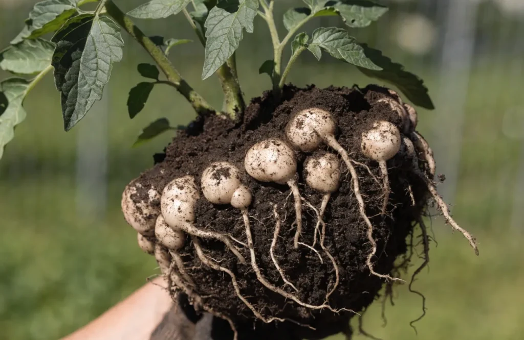 Root galls caused by root-knot nematodes on a tomato plant