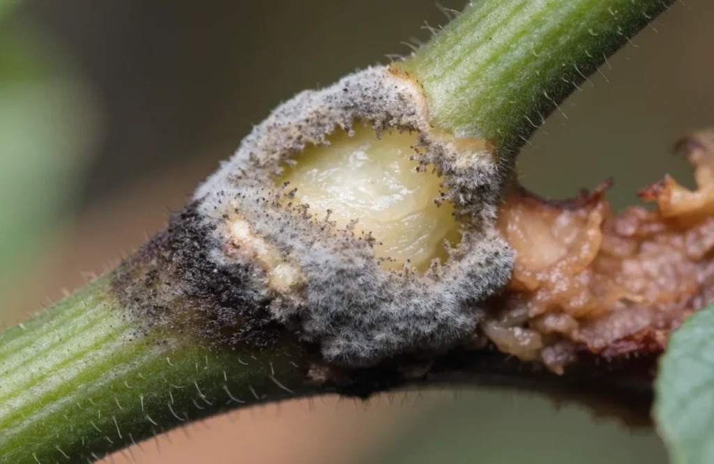 Gray mold (Botrytis) growth on a pruned tomato stem