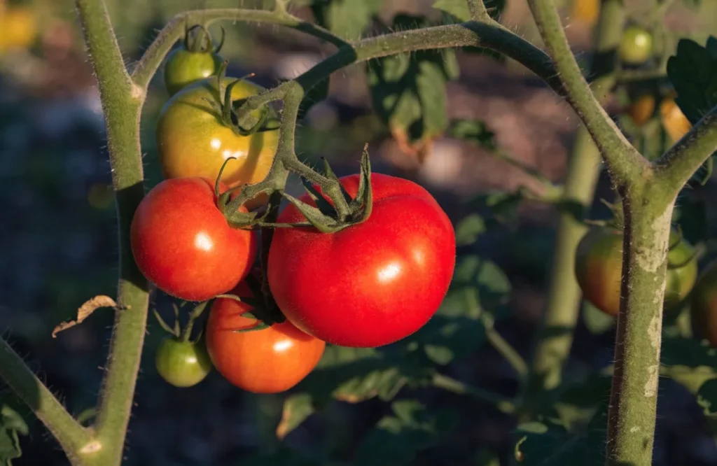 Tomatoes ripening on the vine from green to red