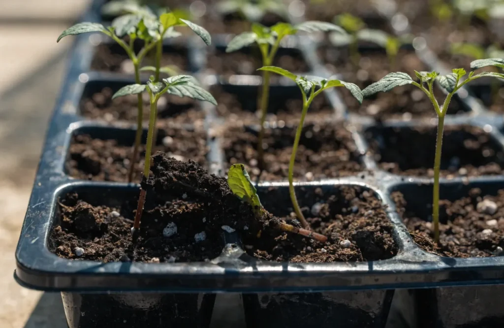 Tomato seedling collapsed at the soil line from damping off disease