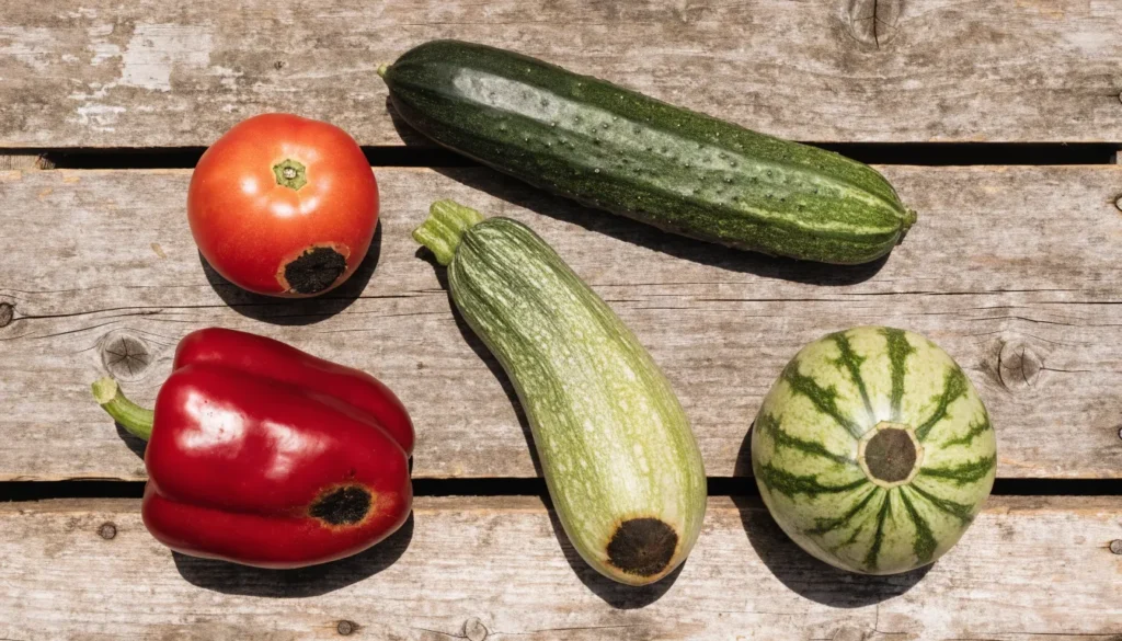 Tomato, pepper, zucchini, cucumber, and watermelon all showing blossom end rot