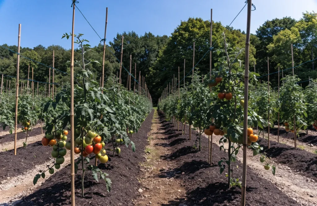 Healthy, properly spaced tomato plants staked and mulched to prevent wilting