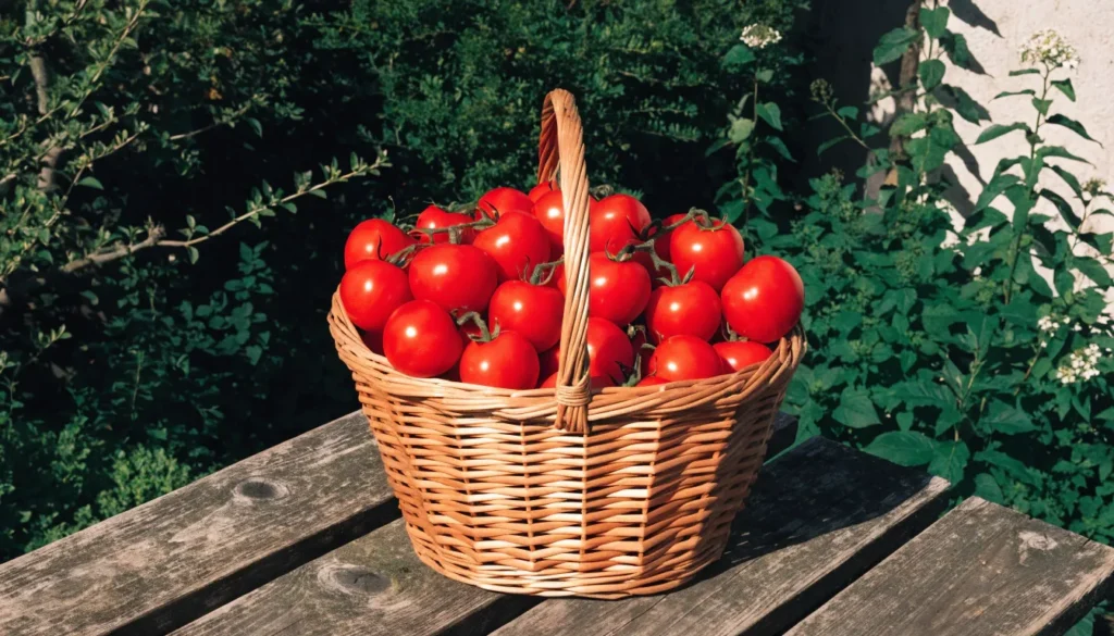 Basket of healthy, unblemished tomatoes freshly harvested