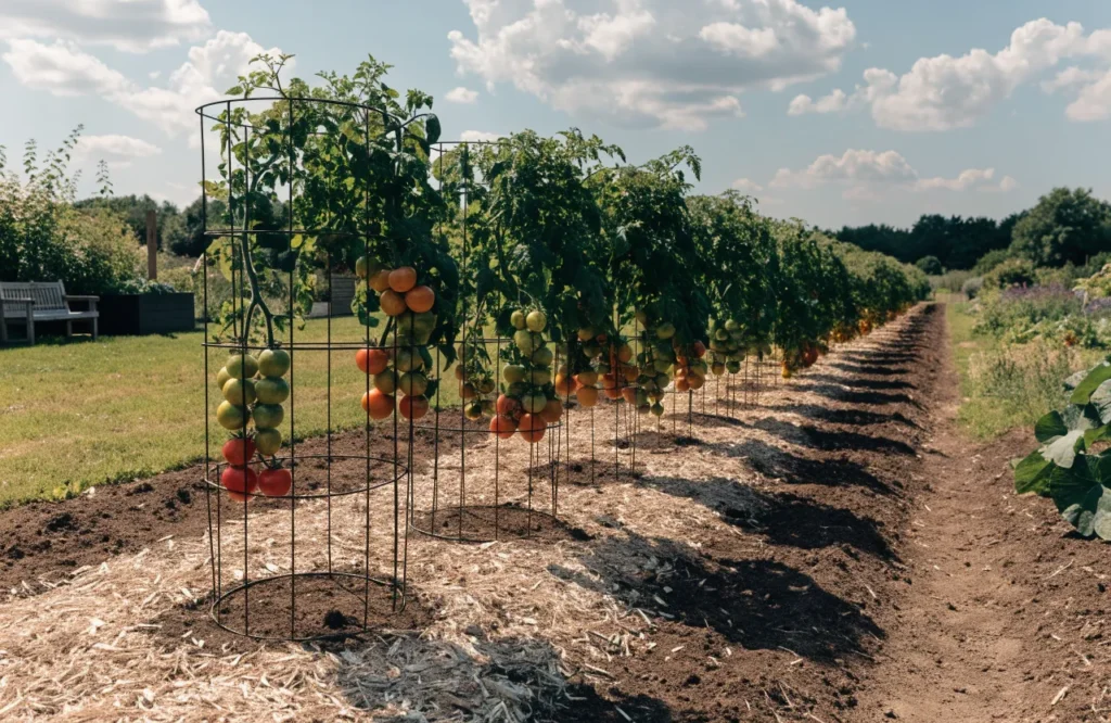 Tomato Sunscald: Symptoms, Causes, Treatment & Prevention Guide 9 Evenly spaced caged tomato plants with full foliage providing natural mutual shading