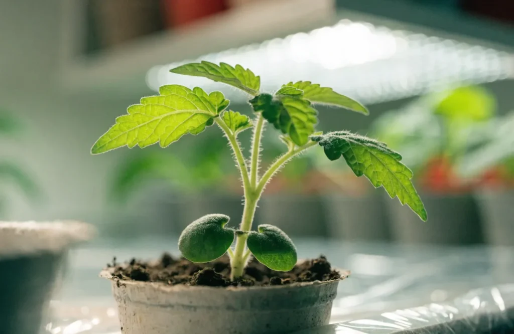 Young tomato seedling with true leaves forming above cotyledons