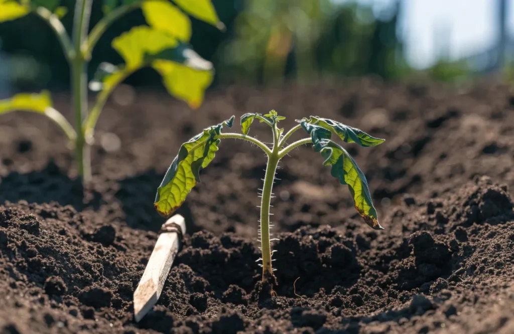 Freshly transplanted tomato seedling drooping from transplant shock