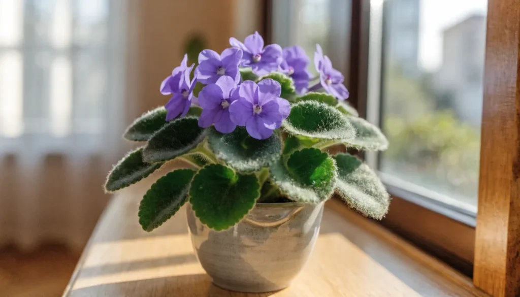 African Violet blooming with purple flowers indoors