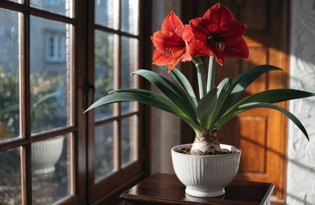 Amaryllis blooming with large red flowers indoors
