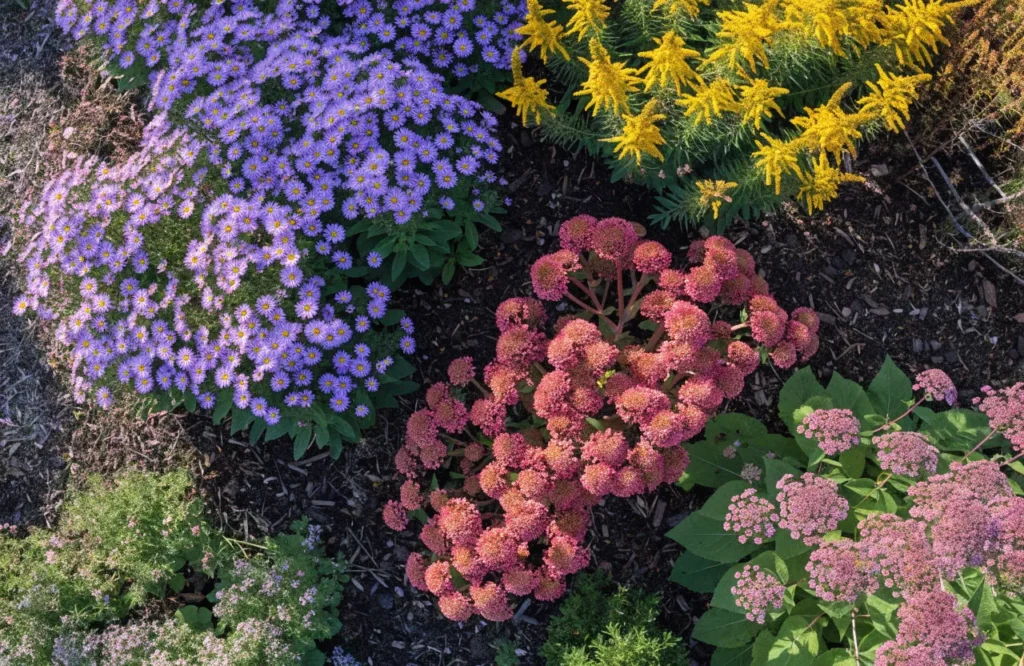 Overhead view of a fall pollinator garden planted in color drifts for bees and butterflies