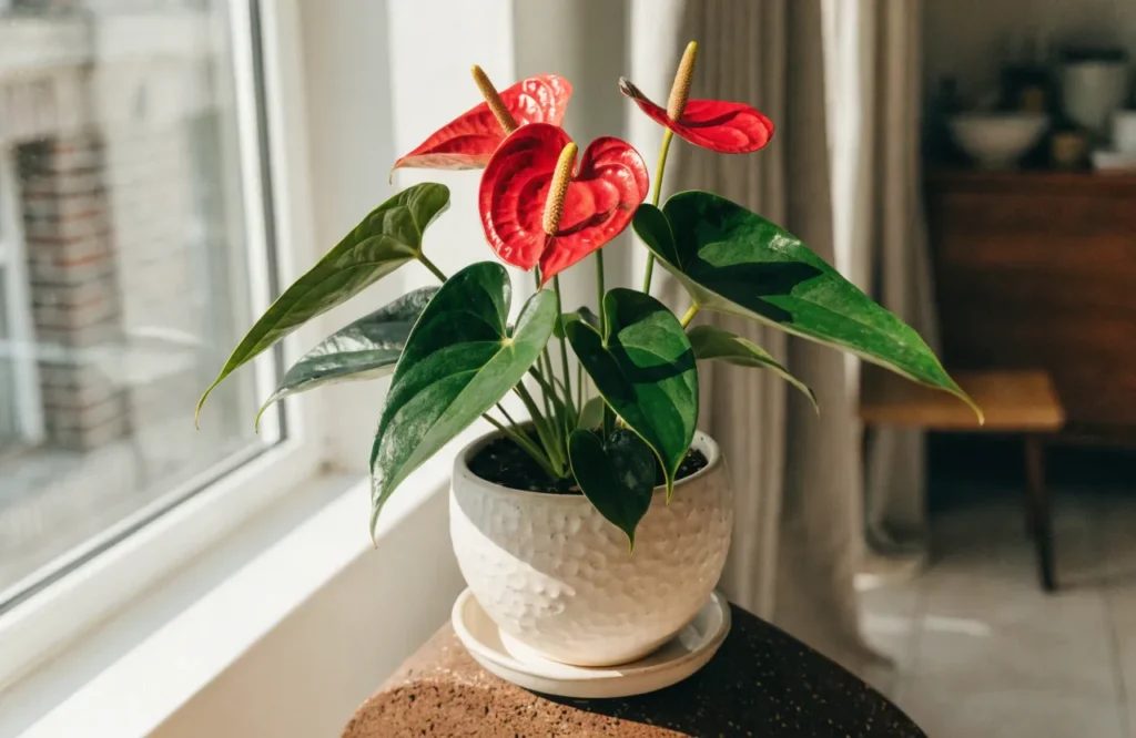 Anthurium with bright red flowers indoors