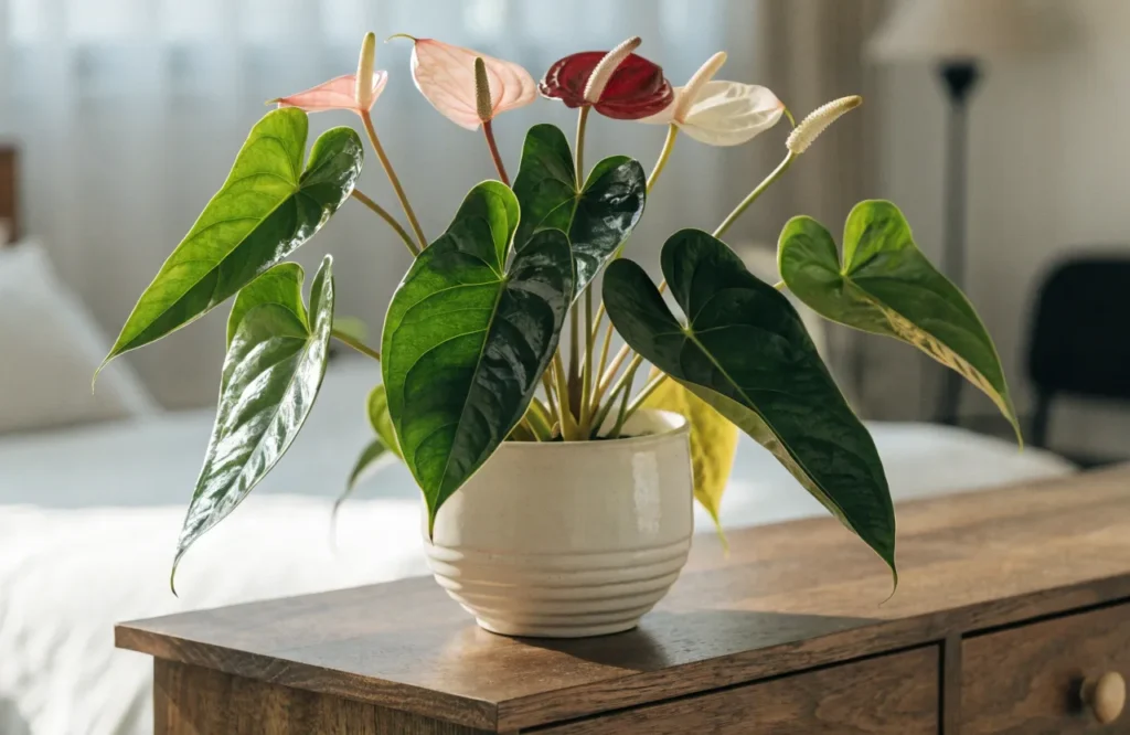 Anthurium with glossy leaves and colorful flowers in a bedroom