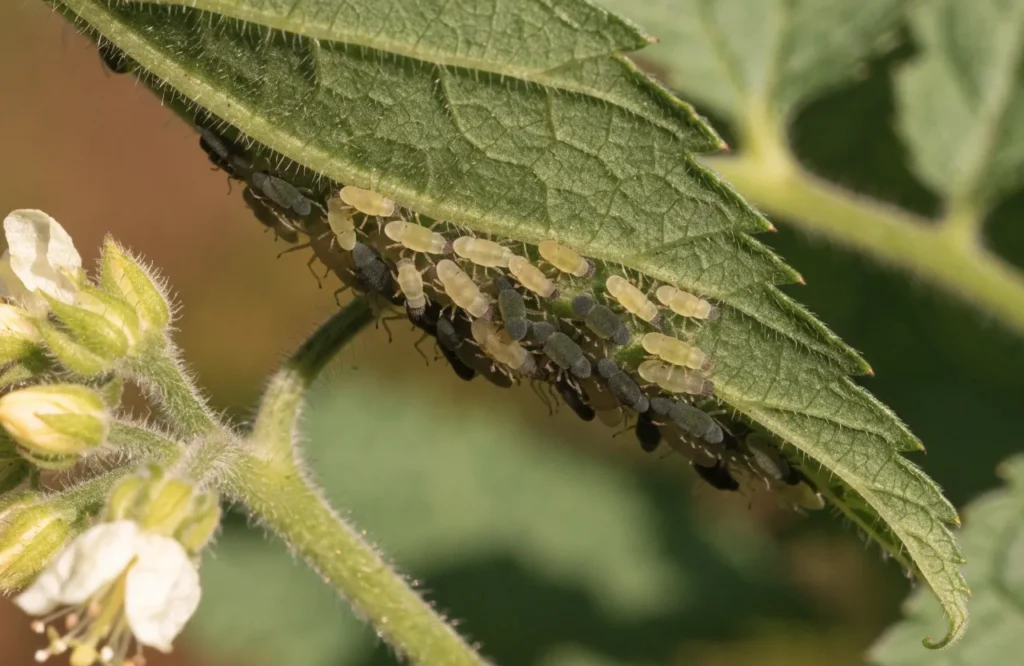 Aphids on a tomato plant near flower clusters, a cause of blossom drop
