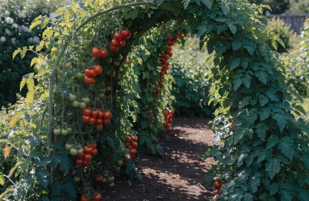 Tomato arch supporting indeterminate vines trained up one side and down the other for a productive garden display.