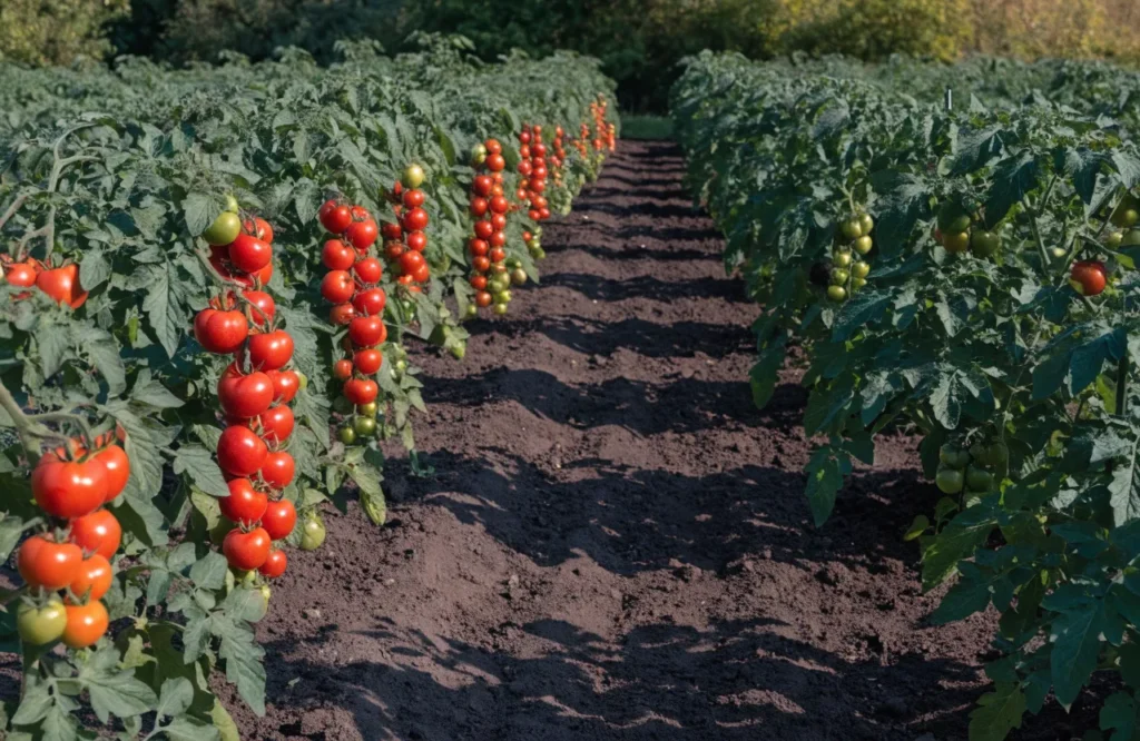 Healthy tomato plants with proper spacing, strong airflow, sunlight, and abundant ripe fruit.