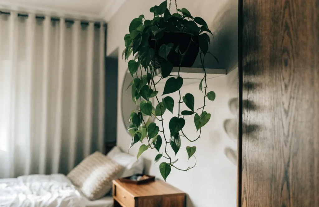 Pothos plant trailing from a hanging basket in a low-light bedroom